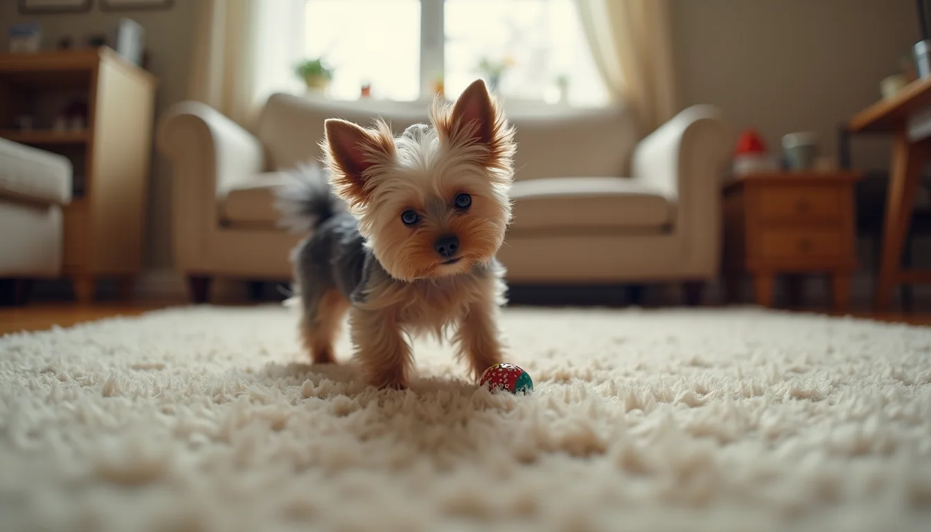 Eye-level view of a teacup Yorkie playing with a small toy in a cozy living room
