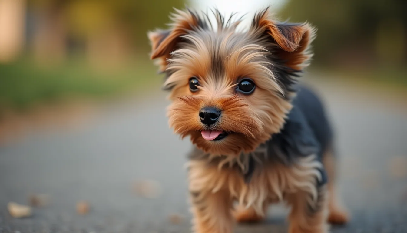 Close-up view of a teacup Yorkie puppy looking curiously at the camera
