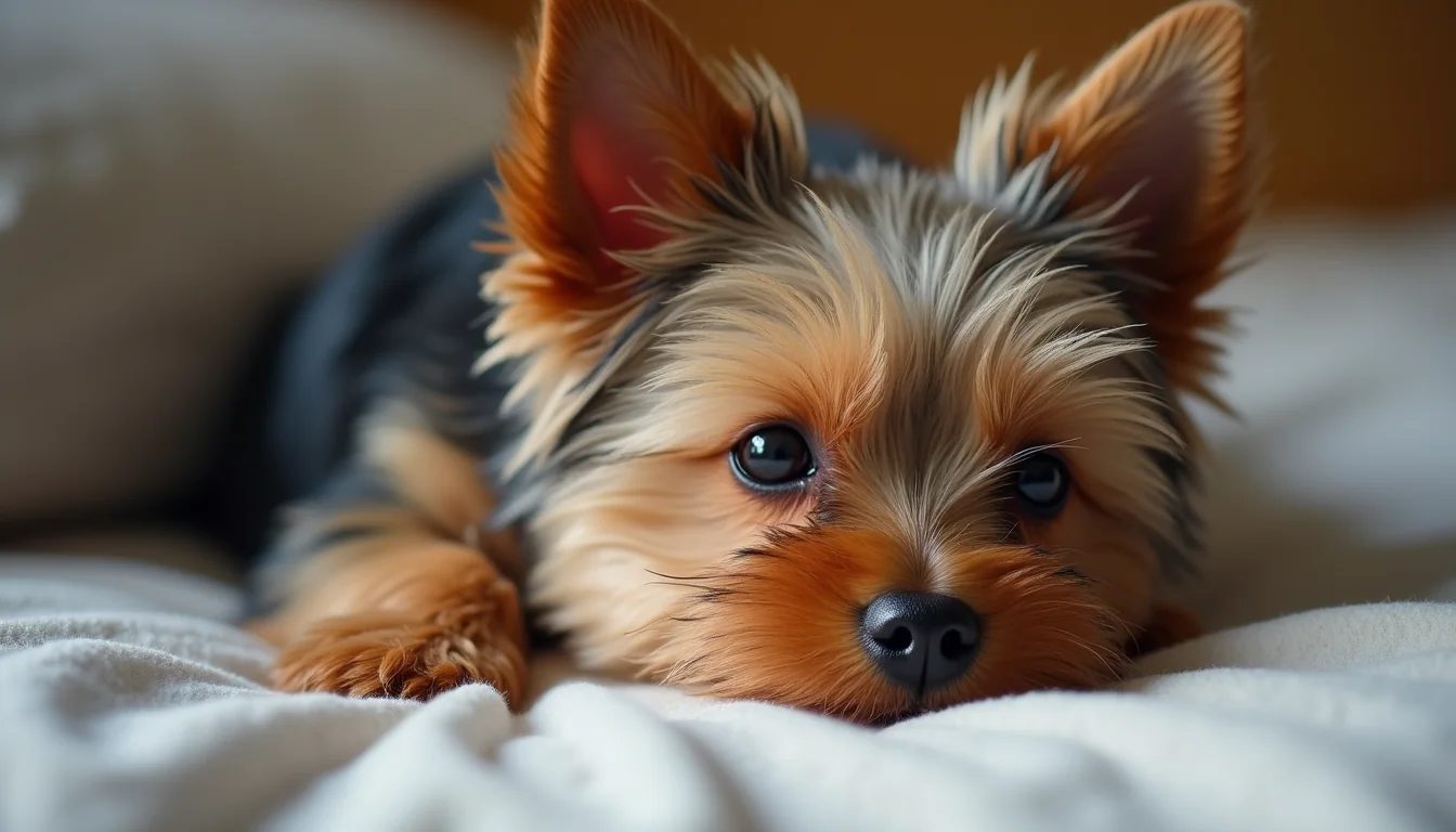 Close-up view of a teacup Yorkie resting comfortably