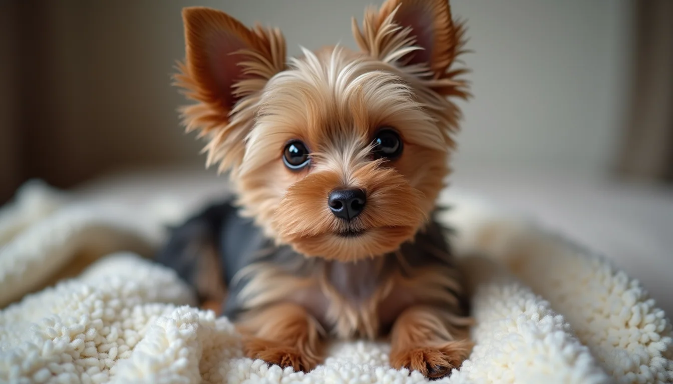 Close-up view of a teacup Yorkie sitting on a cozy blanket