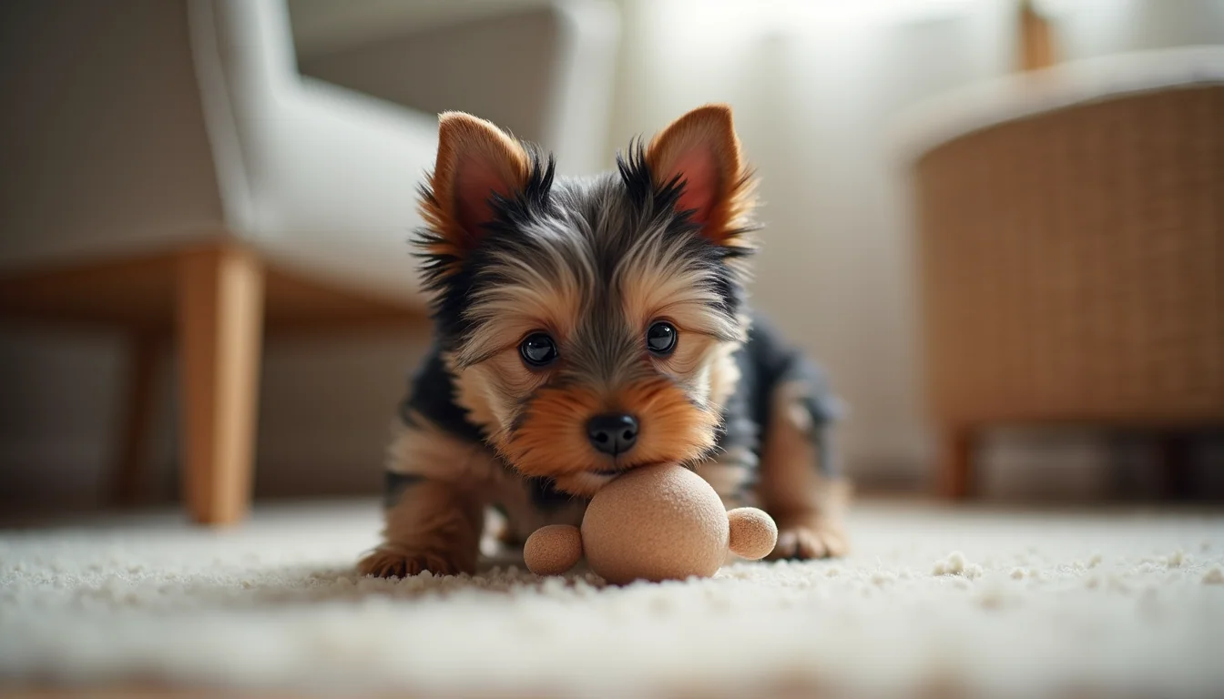 Eye-level view of a teacup Yorkie puppy playing with a small toy in a cozy home setting