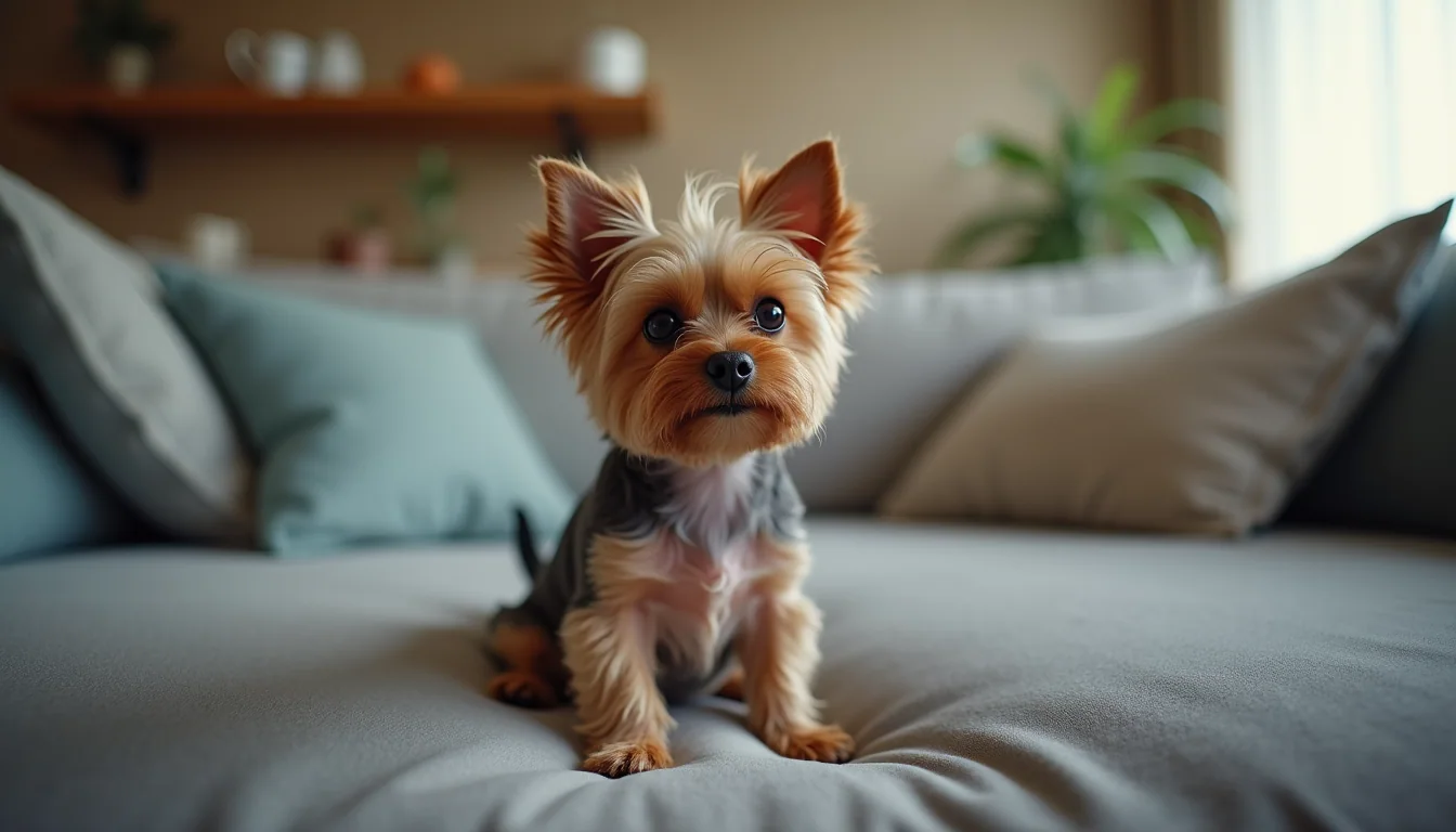 Eye-level view of a micro teacup Yorkie sitting attentively on a couch