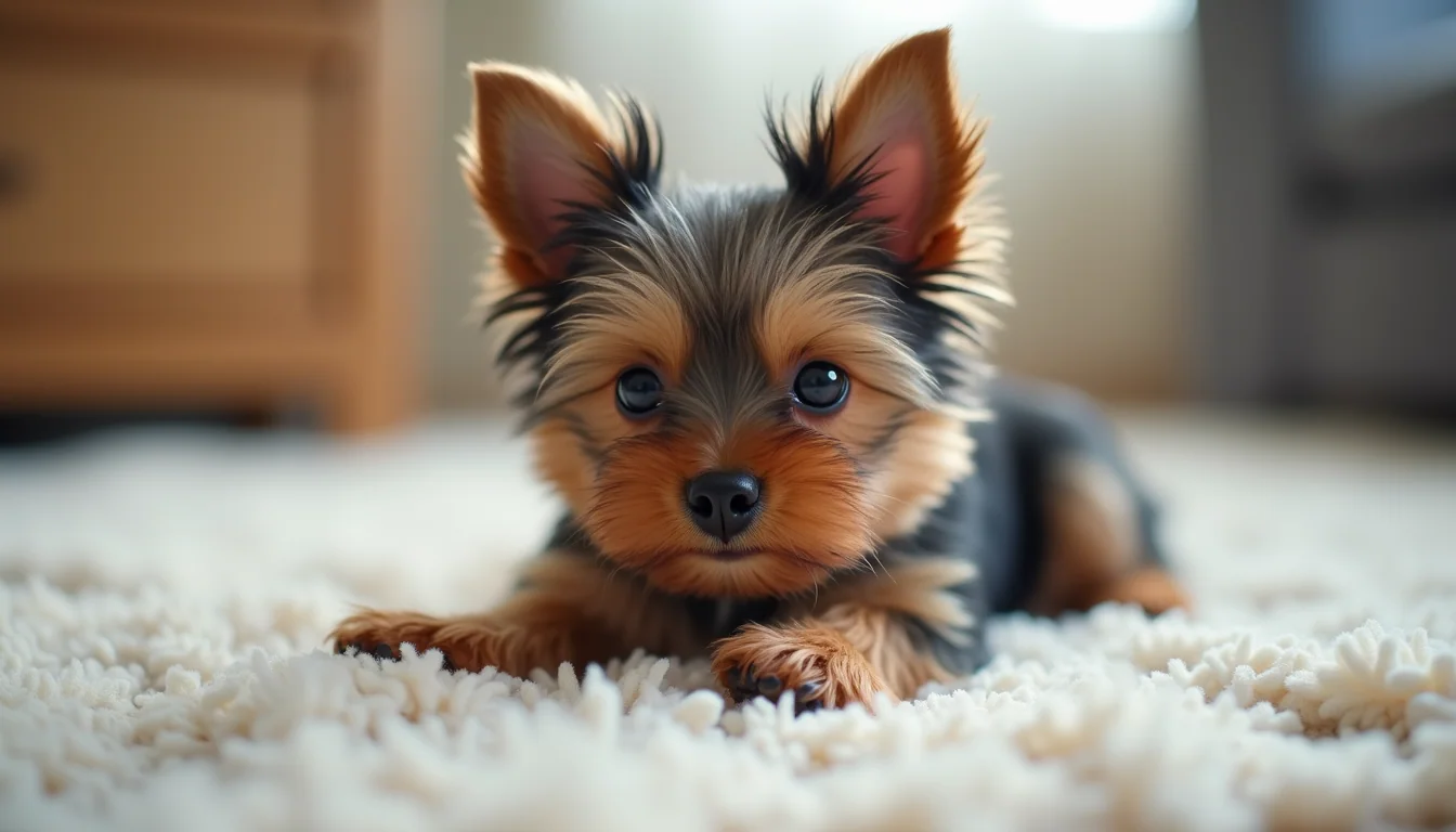 Eye-level view of a small Yorkie puppy playing on a soft blanket