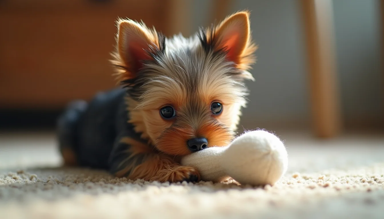 Eye-level view of a teacup Yorkie playing gently with a soft toy