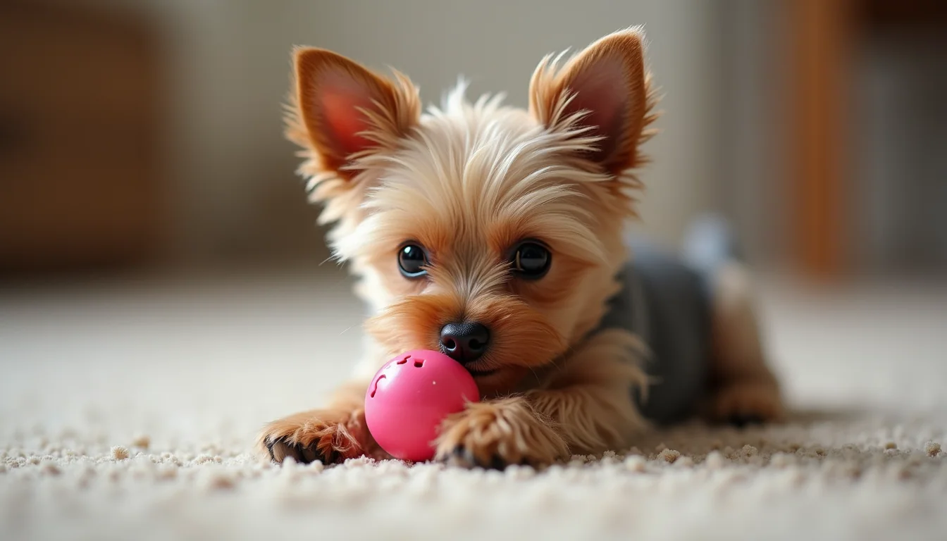 Eye-level view of a micro teacup Yorkie playing with a small toy