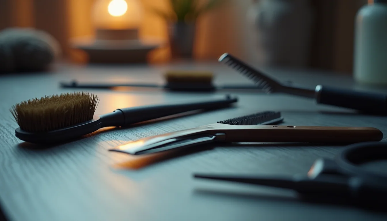 Eye-level view of grooming tools arranged neatly on a table