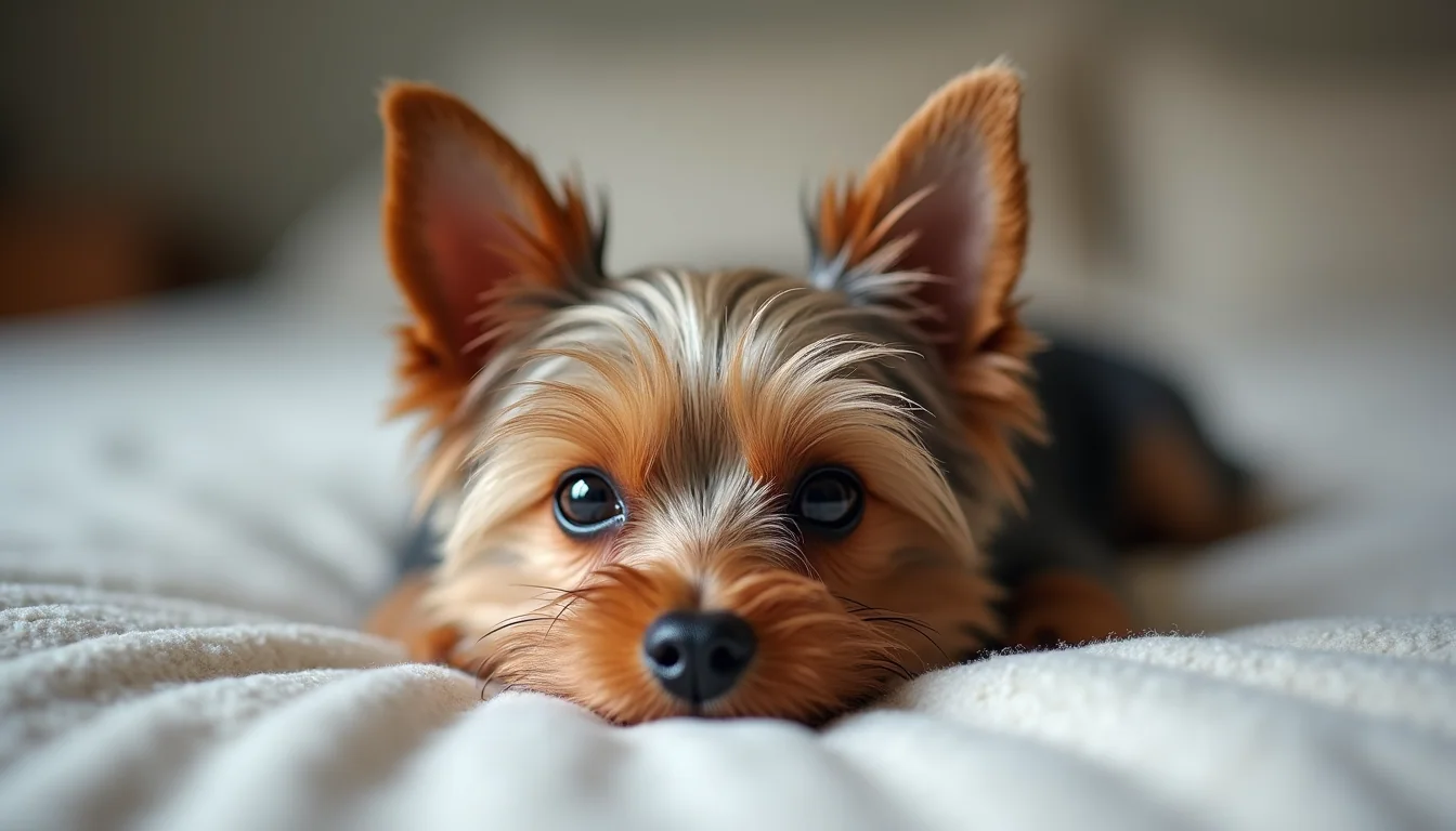 Close-up view of a teacup Yorkie resting comfortably on a soft bed