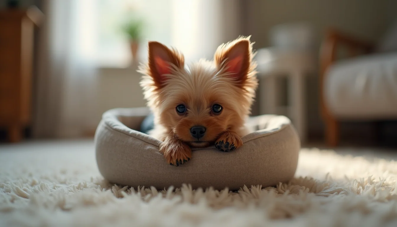 Eye-level view of a tiny Yorkie puppy resting in a small dog bed