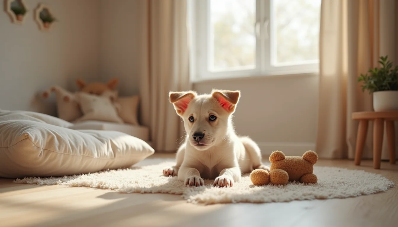 Eye-level view of a cozy puppy nursery with clean bedding and toys