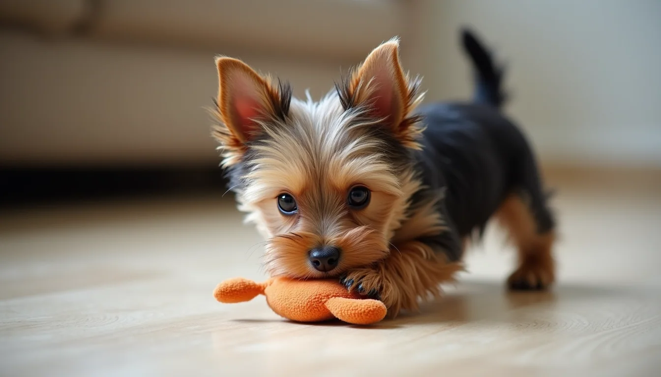 Eye-level view of a small Yorkie puppy playing with a soft toy