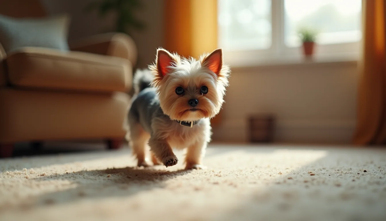 Eye-level view of a teacup Yorkie exploring a cozy indoor space