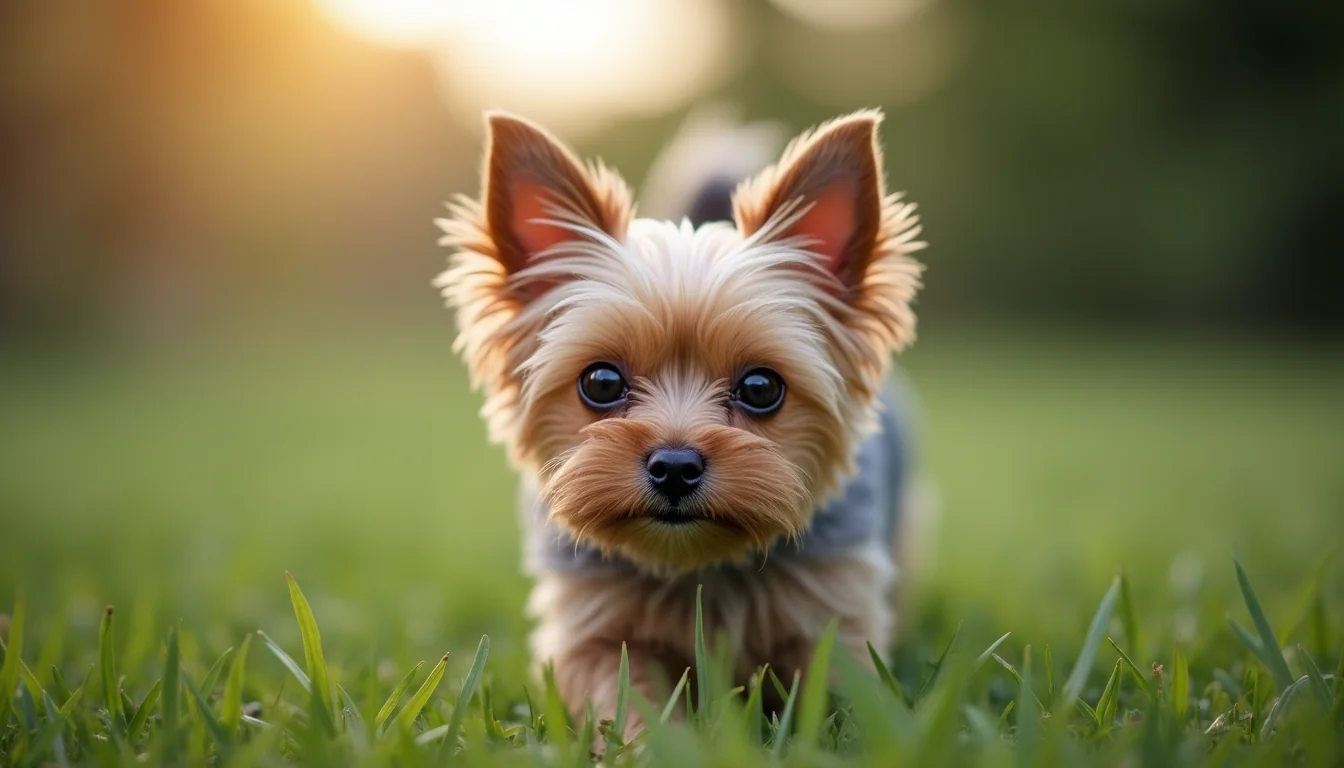 Eye-level view of a teacup Yorkie outside on grass