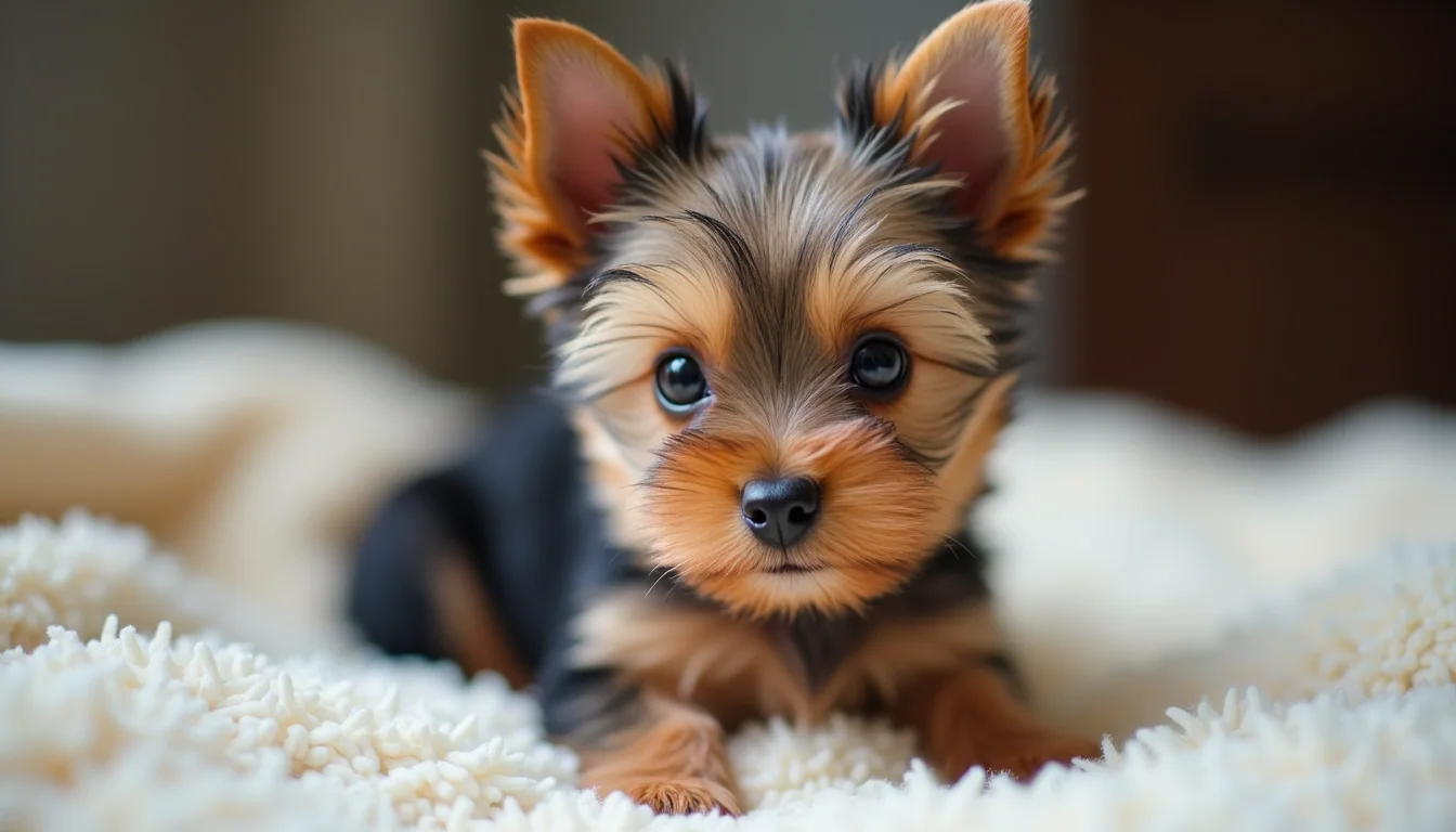 Close-up view of a tiny Yorkie puppy sitting on a soft blanket