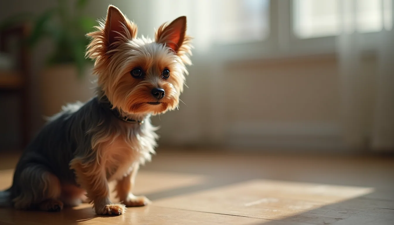 Close-up view of a teacup Yorkie sitting attentively