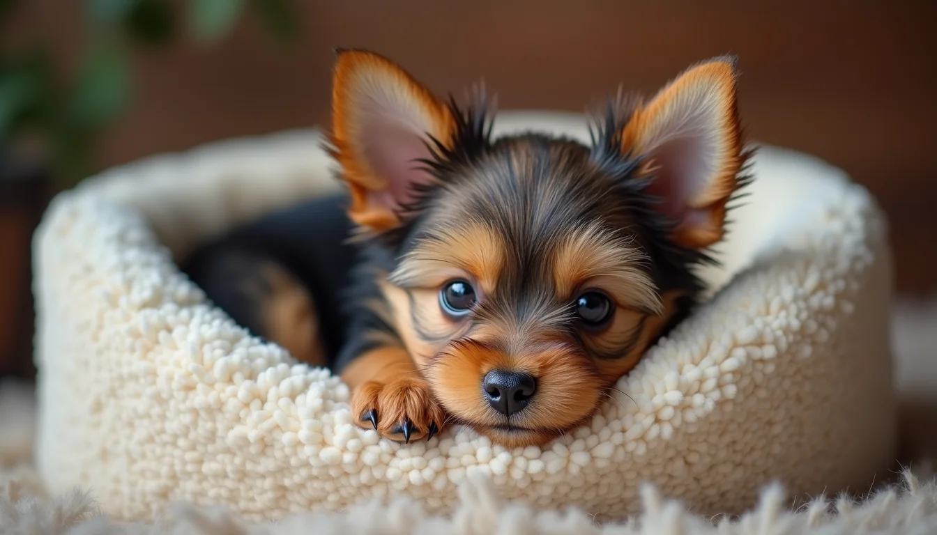 Eye-level view of a teacup Yorkie puppy resting in a cozy dog bed
