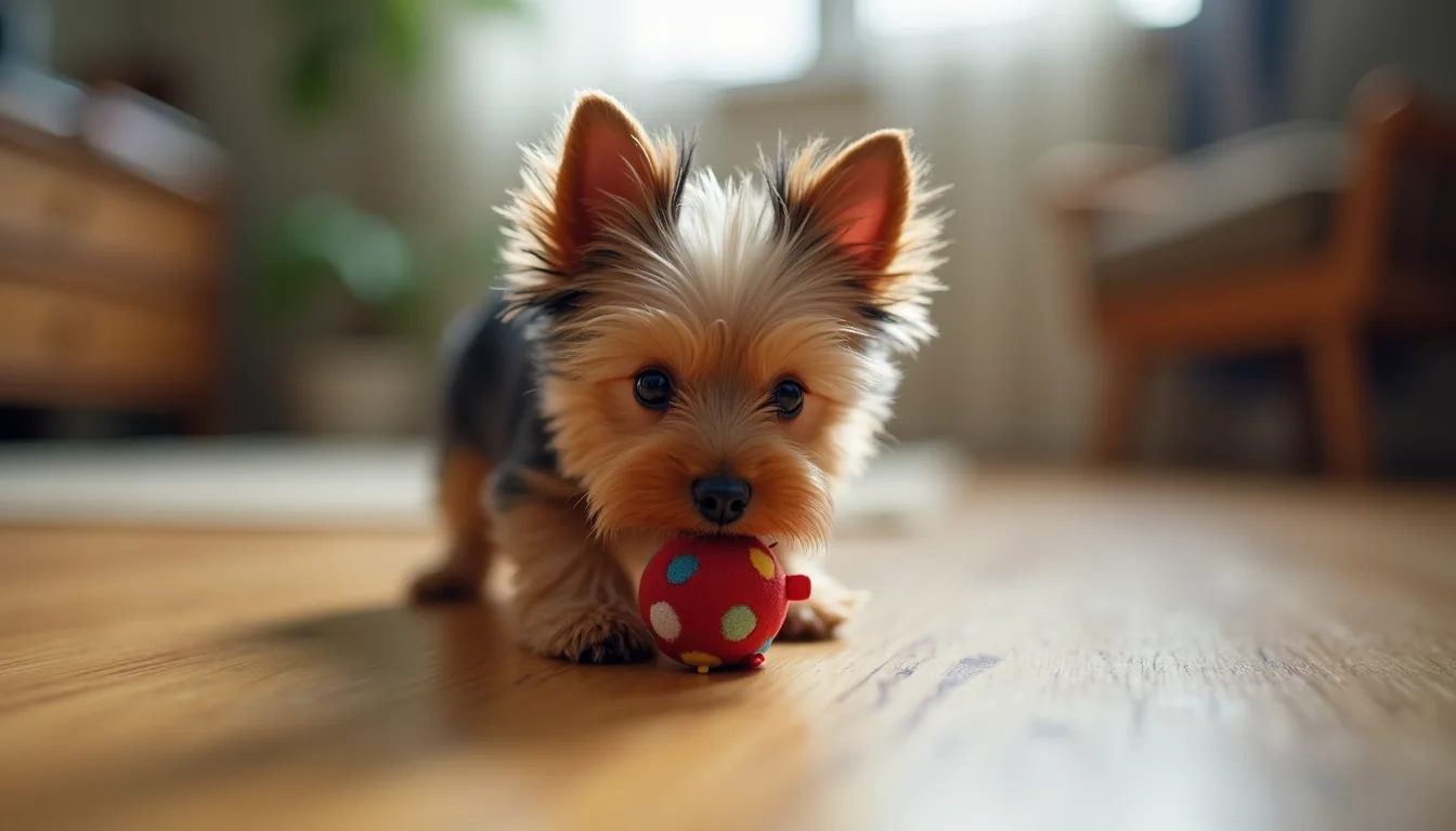 Eye-level view of a teacup Yorkie playing with a small toy on a wooden floor