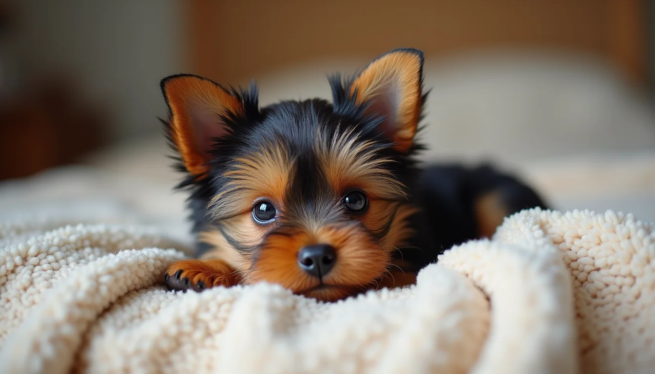 Close-up view of a teacup Yorkie puppy resting on a soft blanket