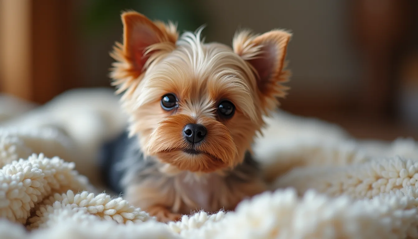 Close-up view of a teacup Yorkie sitting on a cozy blanket
