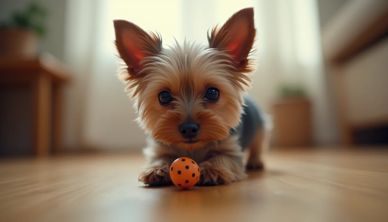 Eye-level view of a tiny Yorkie playing with a small toy on a wooden floor