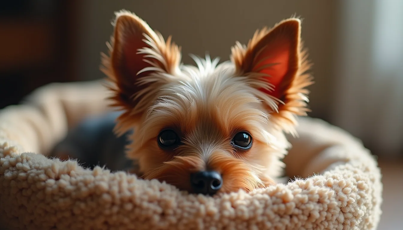 Close-up view of a teacup Yorkie resting in a cozy dog bed