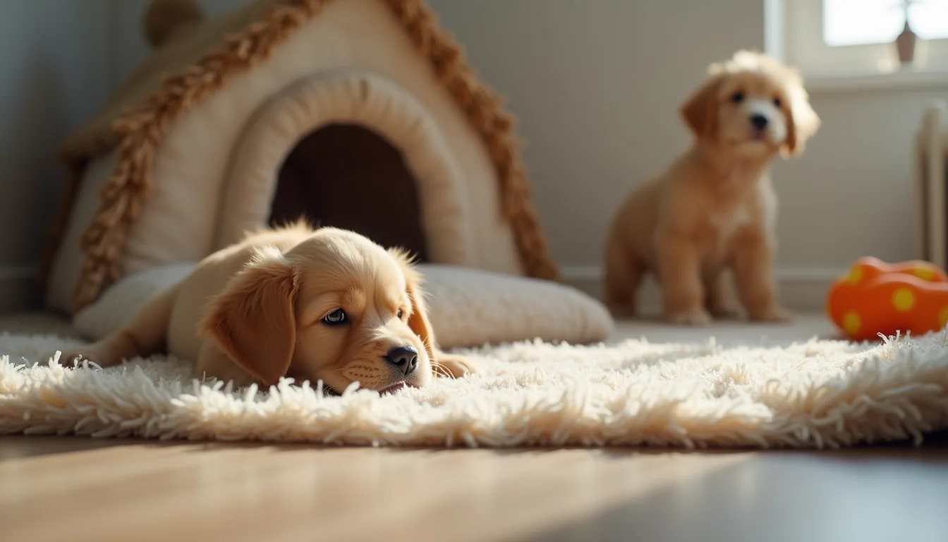 Eye-level view of a cozy puppy play area with toys and bedding