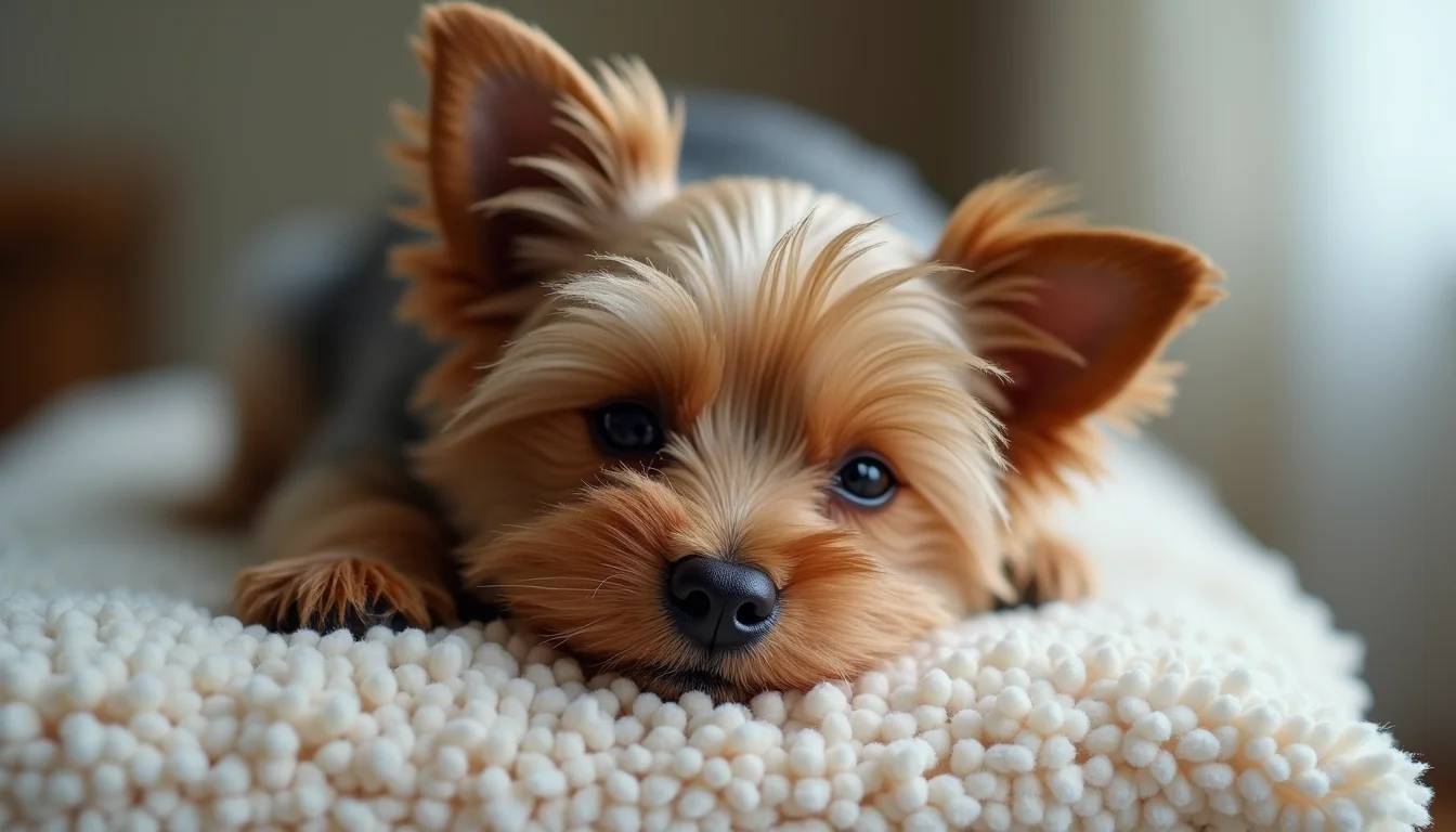 Close-up view of a teacup Yorkie resting peacefully on a soft cushion