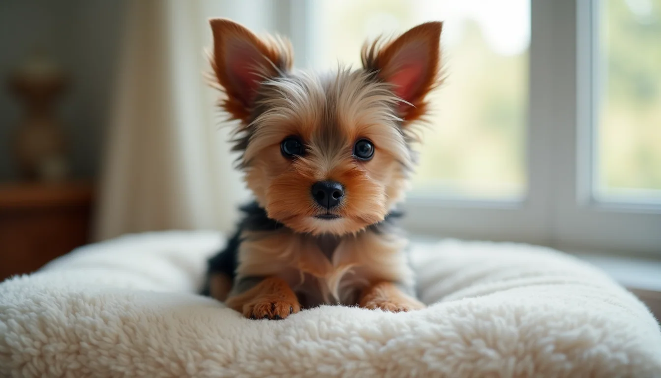 Eye-level view of a micro teacup Yorkie puppy sitting on a soft cushion