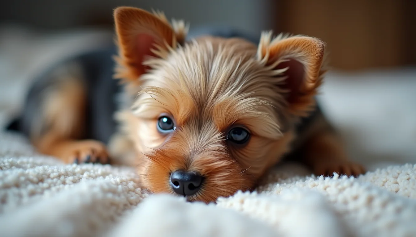 Close-up view of a tiny Yorkie puppy resting on a soft blanket