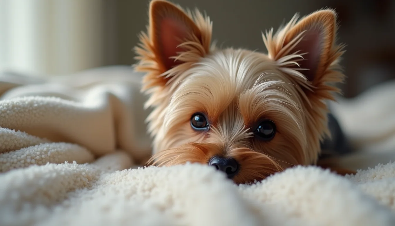 Eye-level view of a teacup Yorkie resting comfortably on a soft blanket