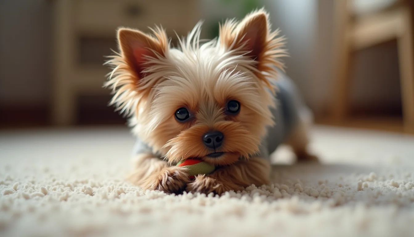 Eye-level view of a teacup Yorkie playing with a small toy on a soft rug