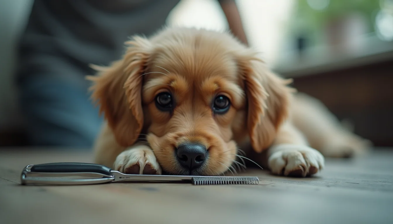 Eye-level view of grooming tools for a small dog