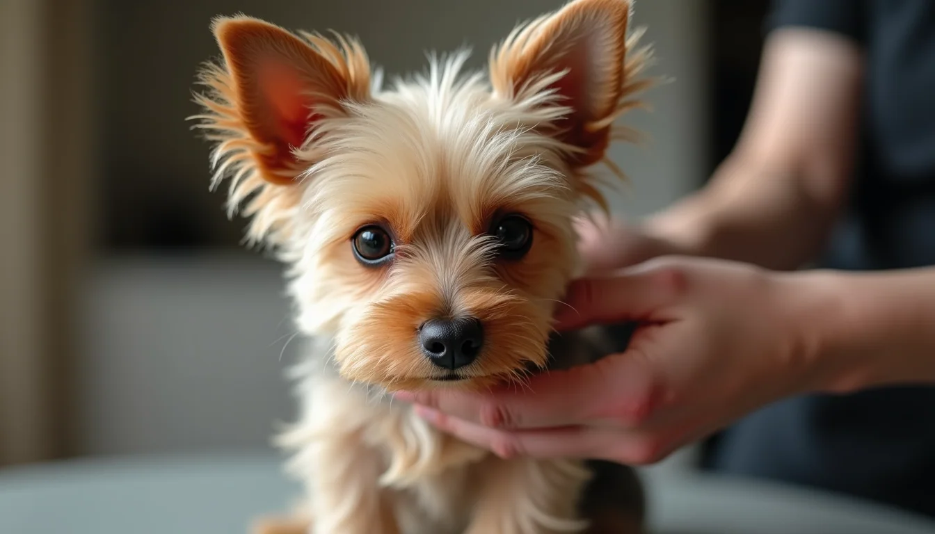 Eye-level view of a teacup Yorkie being gently groomed