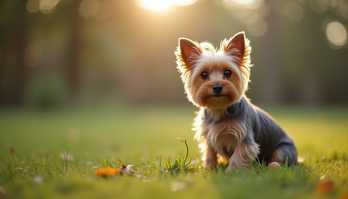 Eye-level view of a teacup Yorkie sitting on a small outdoor patch