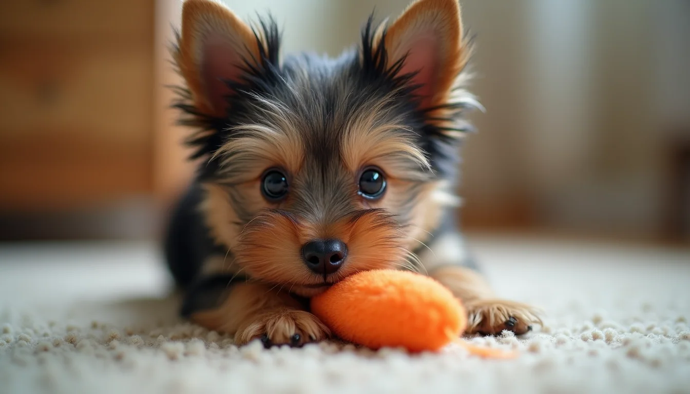 Eye-level view of a small Yorkie puppy playing with a soft toy
