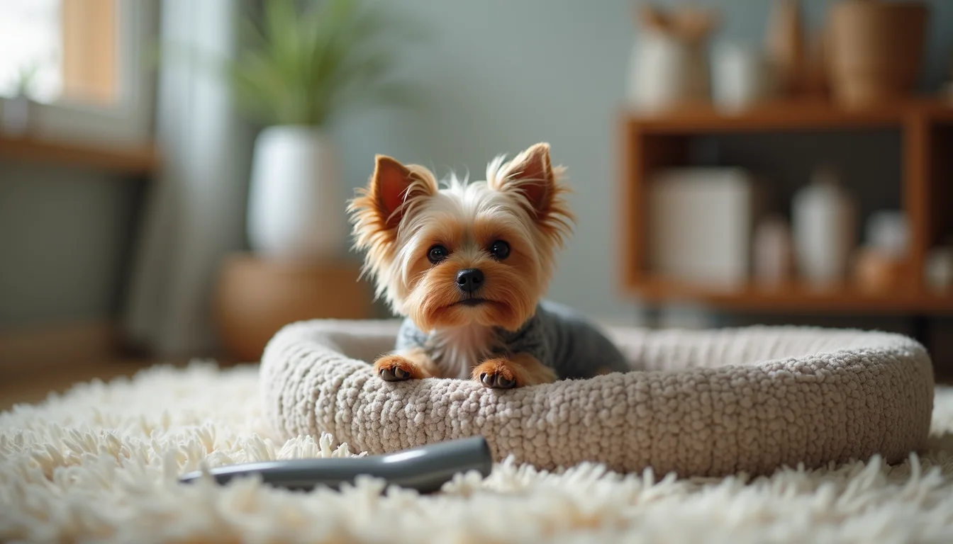 Eye-level view of a small dog bed with a teacup Yorkie toy and grooming supplies nearby