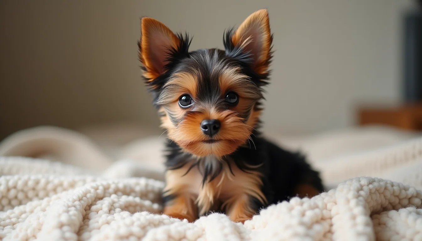 Close-up view of a Mini Yorkie puppy sitting on a soft blanket