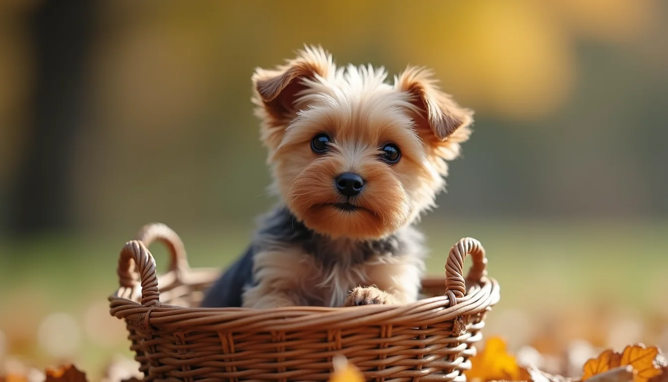 Eye-level view of a teacup Yorkie puppy sitting in a small basket