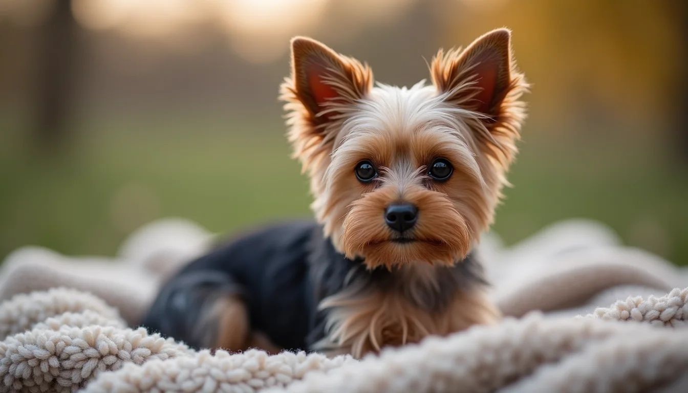 Close-up view of a teacup Yorkie sitting on a cozy blanket