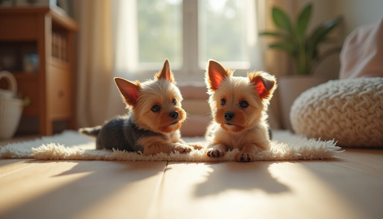 Eye-level view of a cozy puppy play area with teacup Yorkies playing