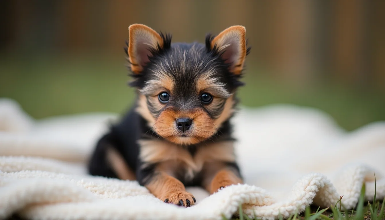 Close-up view of a tiny Yorkie puppy sitting on a soft blanket