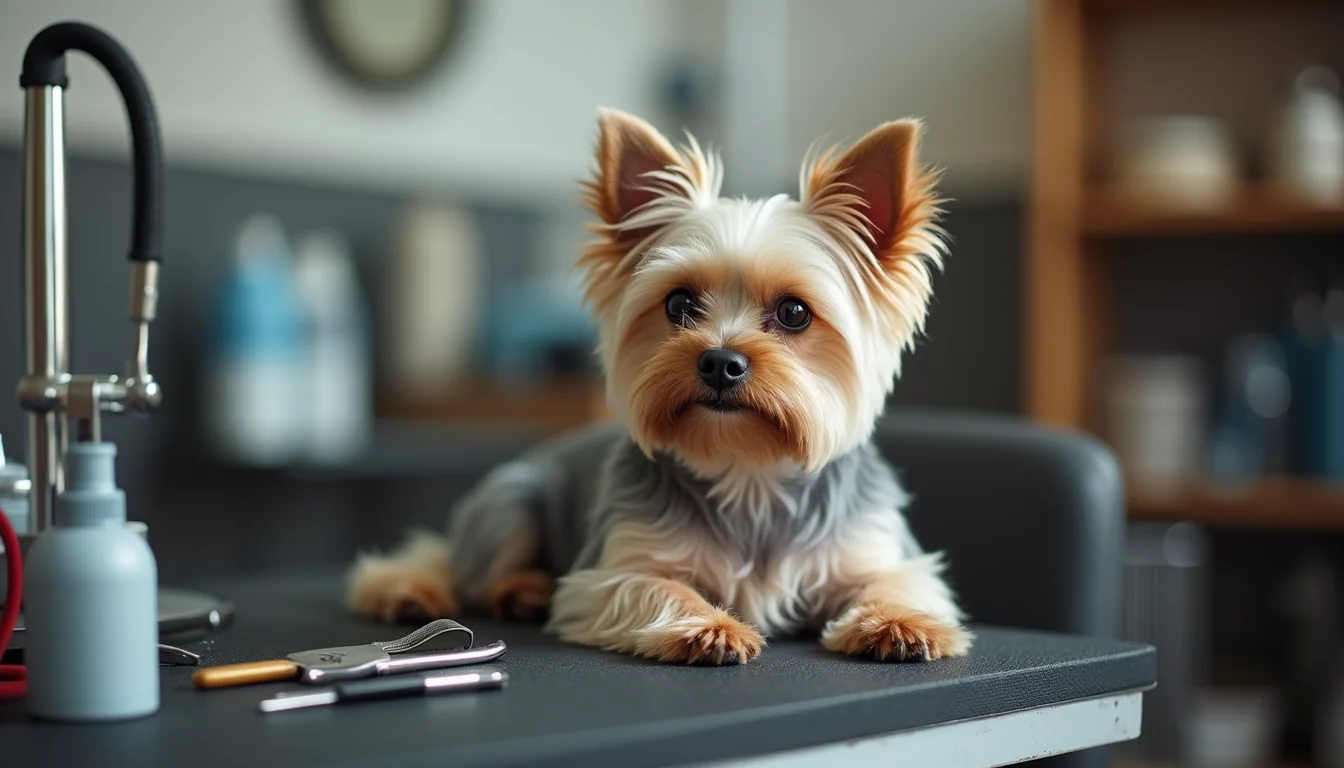 Eye-level view of grooming tools and a teacup Yorkie on a grooming table