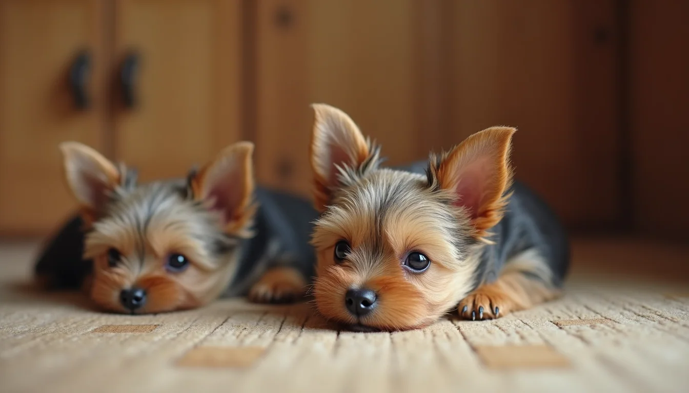 Eye-level view of a cozy puppy nursery with teacup Yorkie puppies resting