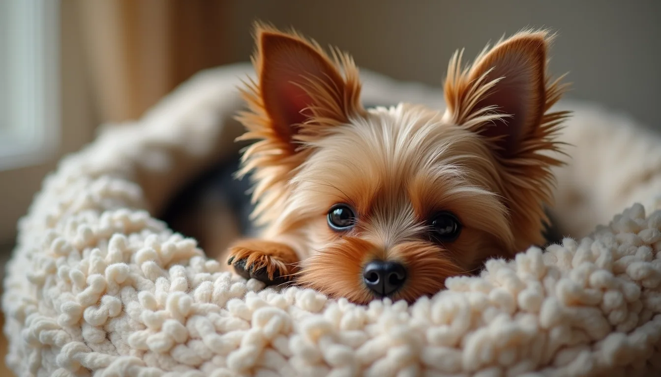Eye-level view of a teacup Yorkie outside on grass during potty training
