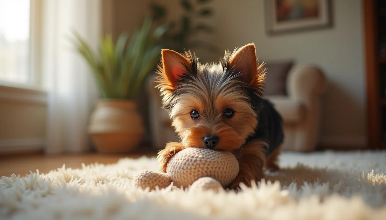 Close-up view of a Yorkie puppy playing with a soft toy in a cozy room