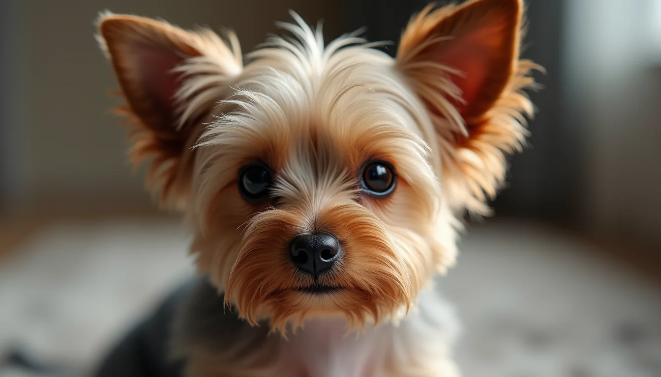 Close-up view of a teacup Yorkie with silky hair