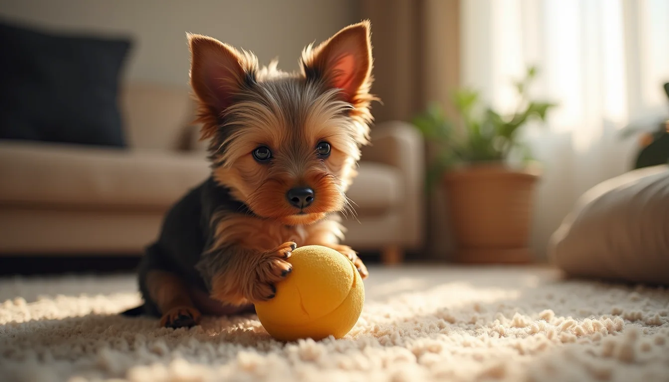Eye-level view of a teacup Yorkie puppy playing with a soft toy in a cozy room
