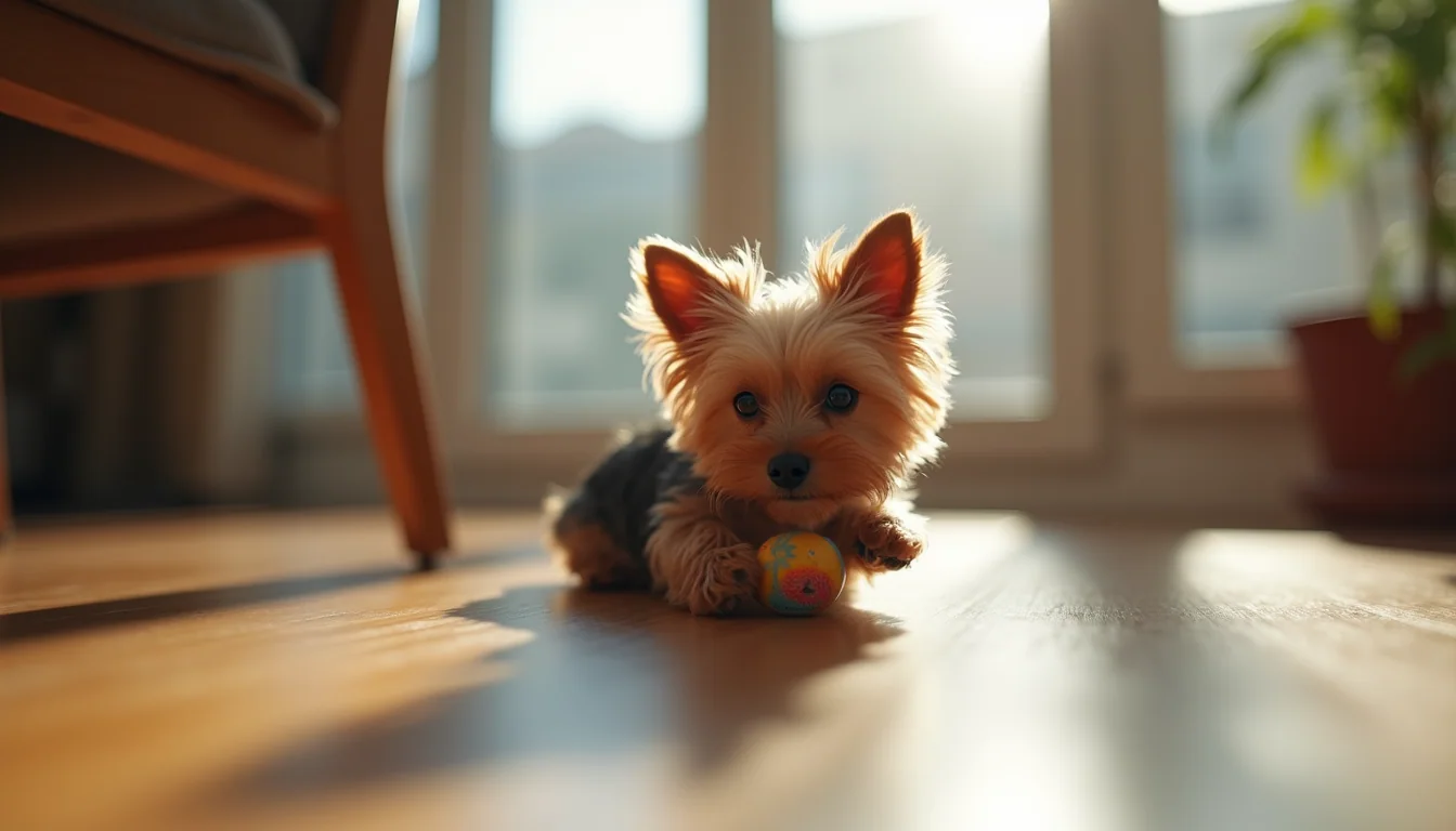 Eye-level view of a tiny Yorkie playing with a small toy on a wooden floor