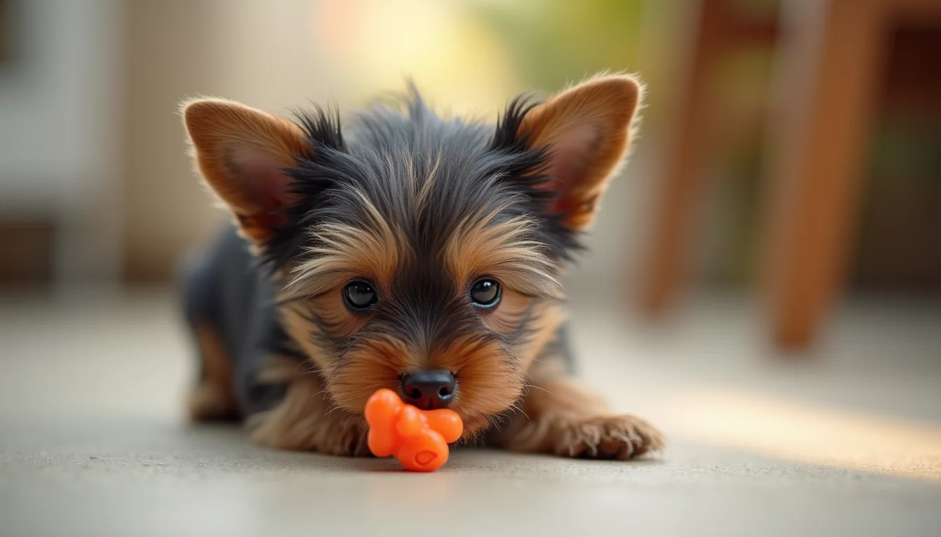 Eye-level view of a Mini Yorkie puppy playing with a small toy