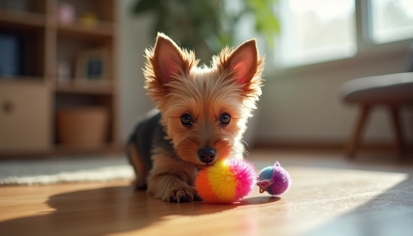 Eye-level view of a teacup Yorkie playing with a colorful toy