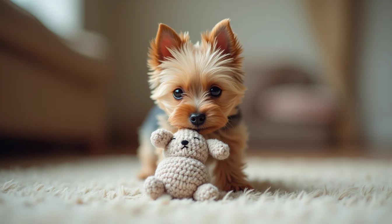 Eye-level view of a small teacup Yorkie puppy playing with a soft toy
